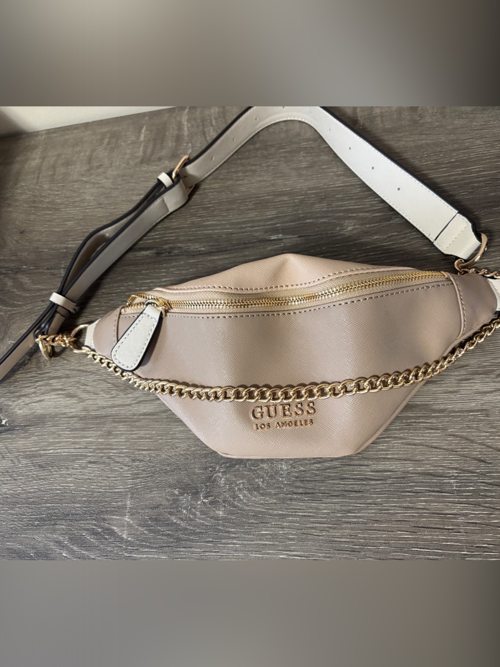 GUESS Beige Chain-Accent Crossbody Bag